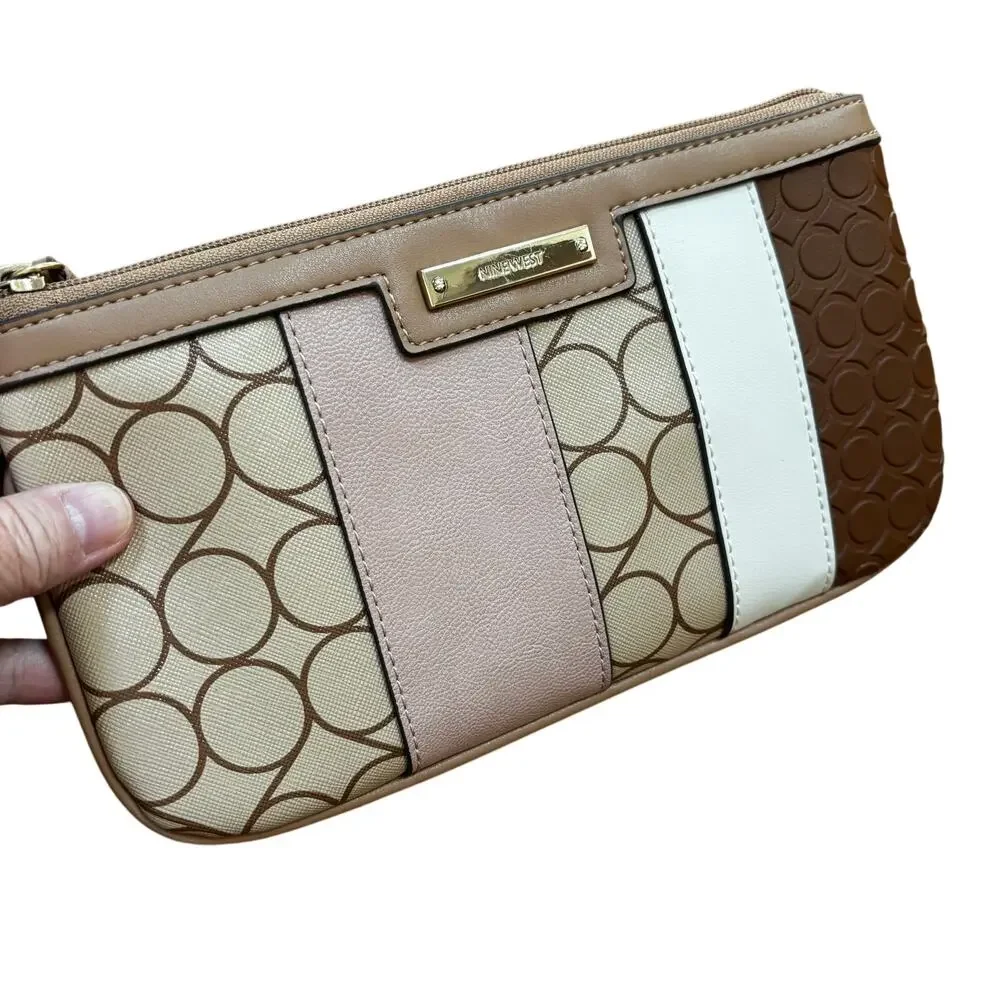 Nine West patchwork stripes wristlet pouch mini clutch purse bag tan zip top